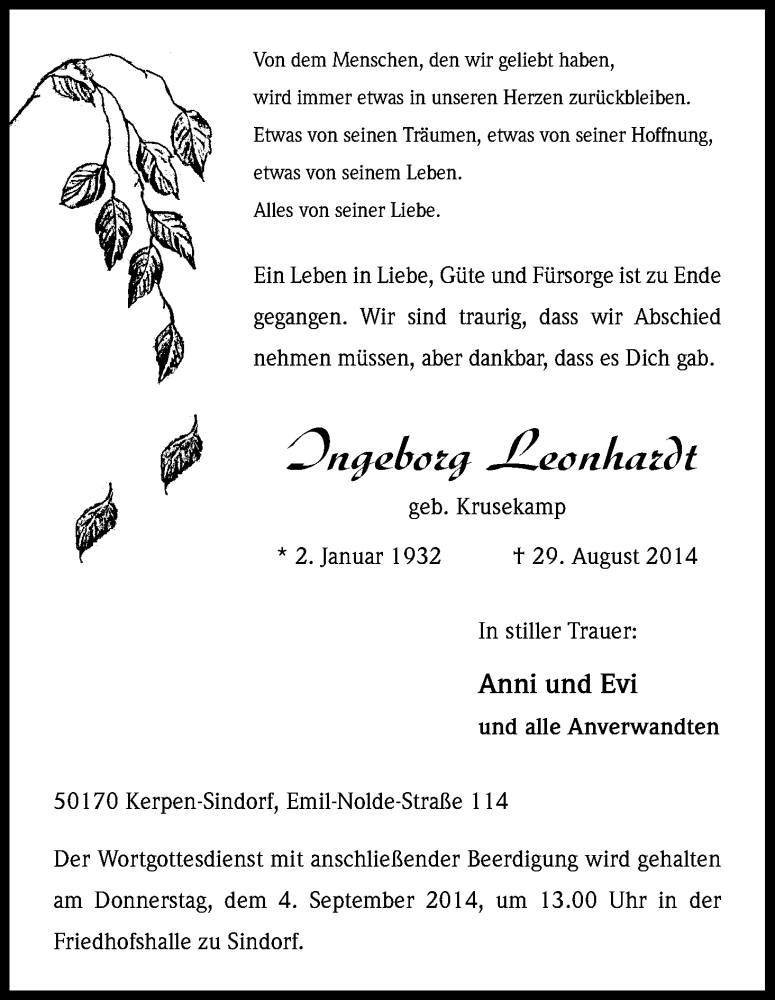  Traueranzeige für Ingeborg Leonhardt vom 02.09.2014 aus Kölner Stadt-Anzeiger / Kölnische Rundschau / Express