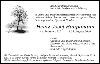 Anzeige von Heinz-Josef Hauptmann von Kölner Stadt-Anzeiger / Kölnische Rundschau / Express