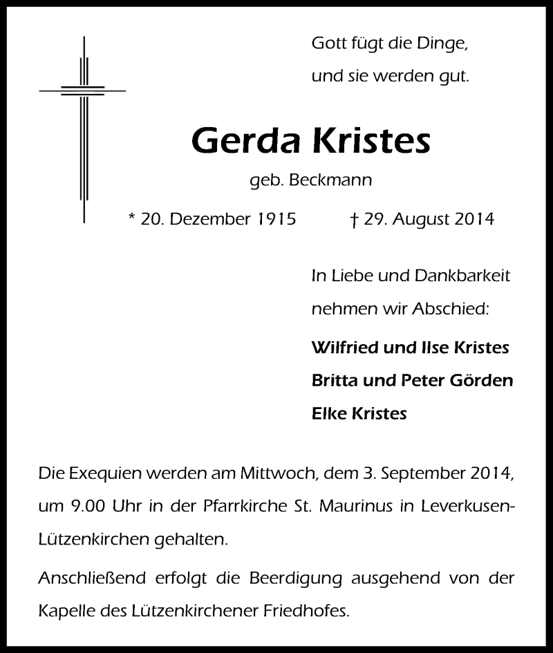  Traueranzeige für Gerda Kristes vom 02.09.2014 aus Kölner Stadt-Anzeiger / Kölnische Rundschau / Express