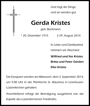 Anzeige von Gerda Kristes von Kölner Stadt-Anzeiger / Kölnische Rundschau / Express