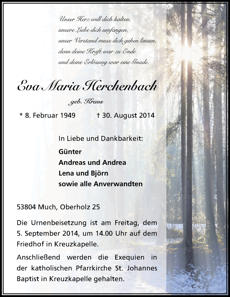  Traueranzeige für Eva Maria Herchenbach vom 02.09.2014 aus Kölner Stadt-Anzeiger / Kölnische Rundschau / Express