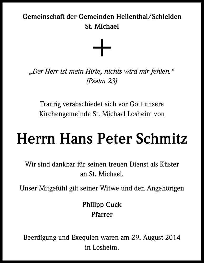  Traueranzeige für Hans Peter Schmitz vom 02.09.2014 aus Kölner Stadt-Anzeiger / Kölnische Rundschau / Express