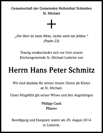 Anzeige von Hans Peter Schmitz von Kölner Stadt-Anzeiger / Kölnische Rundschau / Express