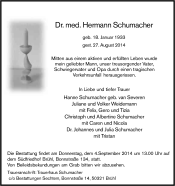 Anzeige von Hermann Schumacher von Kölner Stadt-Anzeiger / Kölnische Rundschau / Express