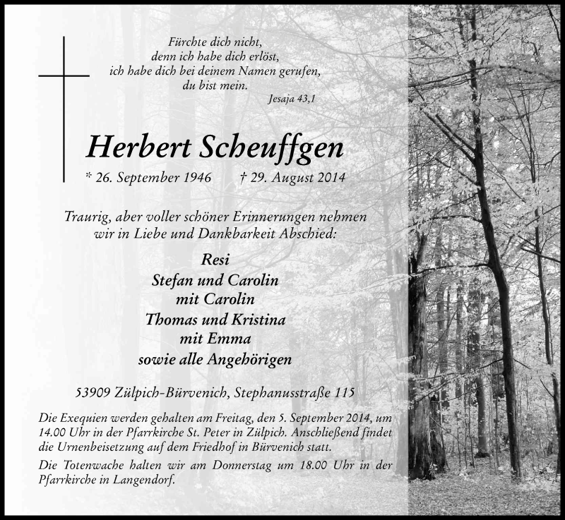  Traueranzeige für Herbert Scheuffgen vom 03.09.2014 aus Kölner Stadt-Anzeiger / Kölnische Rundschau / Express