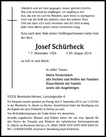 Anzeige von Josef Schürheck von Kölner Stadt-Anzeiger / Kölnische Rundschau / Express