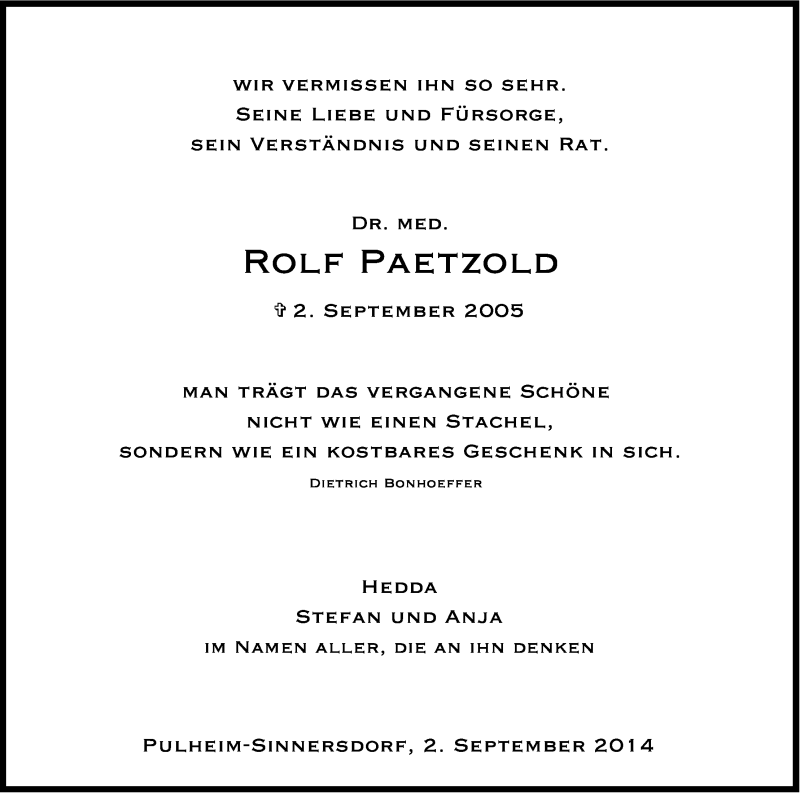  Traueranzeige für Rolf Paetzold vom 03.09.2014 aus Kölner Stadt-Anzeiger / Kölnische Rundschau / Express