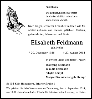 Anzeige von Elisabeth Feldmann von Kölner Stadt-Anzeiger / Kölnische Rundschau / Express