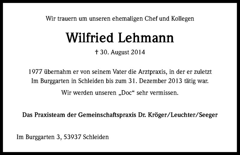  Traueranzeige für Wilfried Lehmann vom 06.09.2014 aus Kölner Stadt-Anzeiger / Kölnische Rundschau / Express