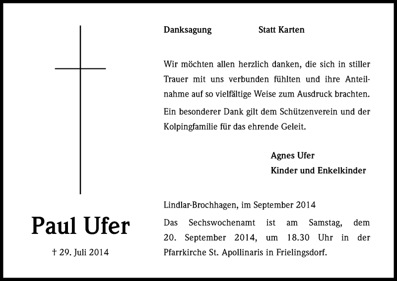  Traueranzeige für Paul Ufer vom 13.09.2014 aus Kölner Stadt-Anzeiger / Kölnische Rundschau / Express