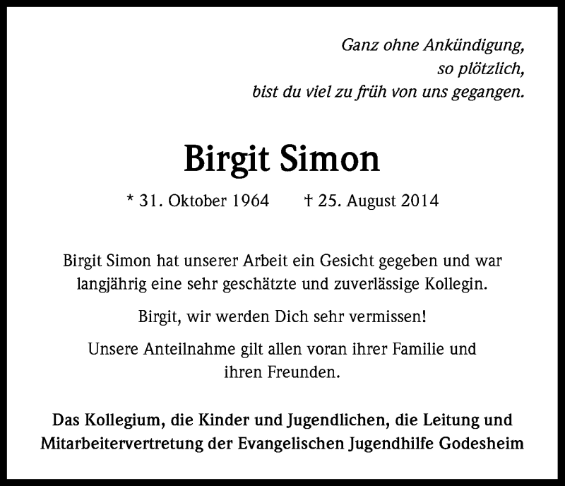  Traueranzeige für Birgit Simon vom 03.09.2014 aus Kölner Stadt-Anzeiger / Kölnische Rundschau / Express
