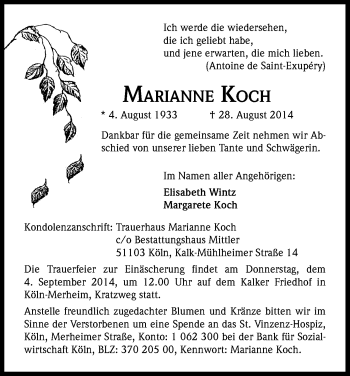 Anzeige von Marianne Koch von Kölner Stadt-Anzeiger / Kölnische Rundschau / Express