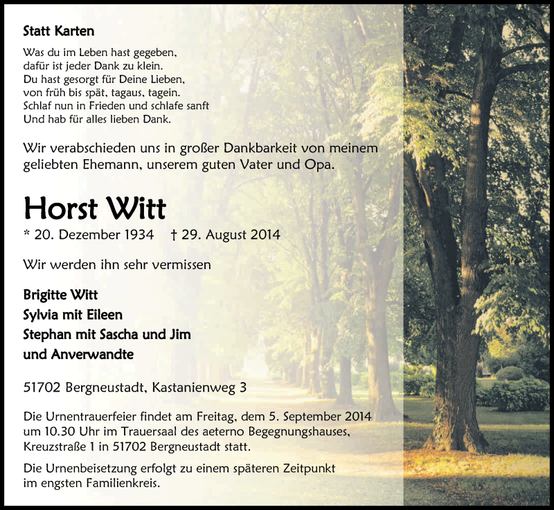  Traueranzeige für Horst Witt vom 02.09.2014 aus Kölner Stadt-Anzeiger / Kölnische Rundschau / Express