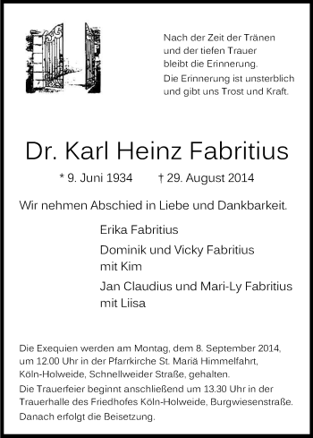 Anzeige von Karl Heinz Fabritius von Kölner Stadt-Anzeiger / Kölnische Rundschau / Express