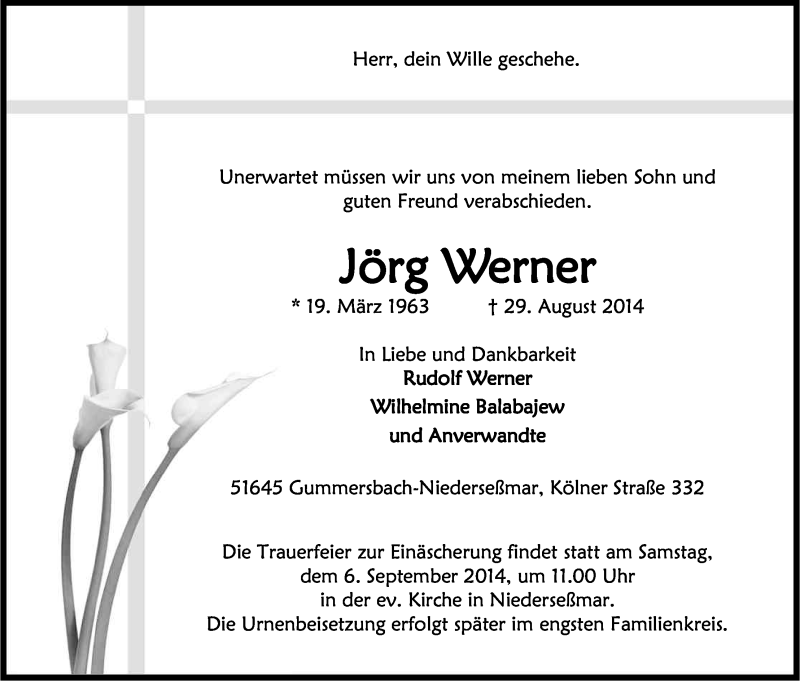  Traueranzeige für Jörg Werner vom 03.09.2014 aus Kölner Stadt-Anzeiger / Kölnische Rundschau / Express