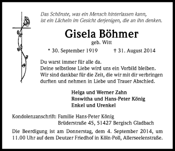 Anzeige von Gisela Böhmer von Kölner Stadt-Anzeiger / Kölnische Rundschau / Express
