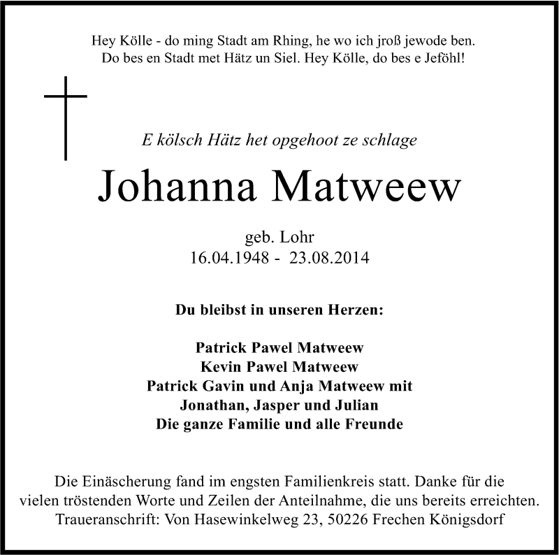  Traueranzeige für Johanna Matweew vom 06.09.2014 aus Kölner Stadt-Anzeiger / Kölnische Rundschau / Express