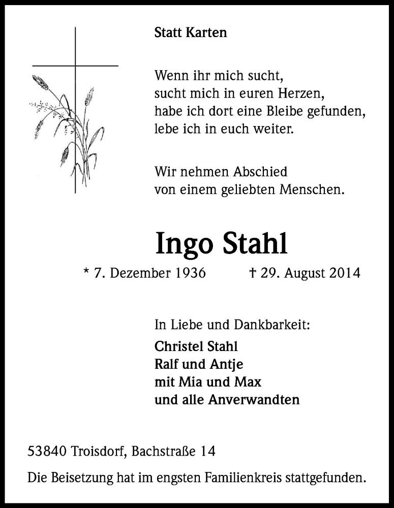  Traueranzeige für Ingo Stahl vom 11.09.2014 aus Kölner Stadt-Anzeiger / Kölnische Rundschau / Express