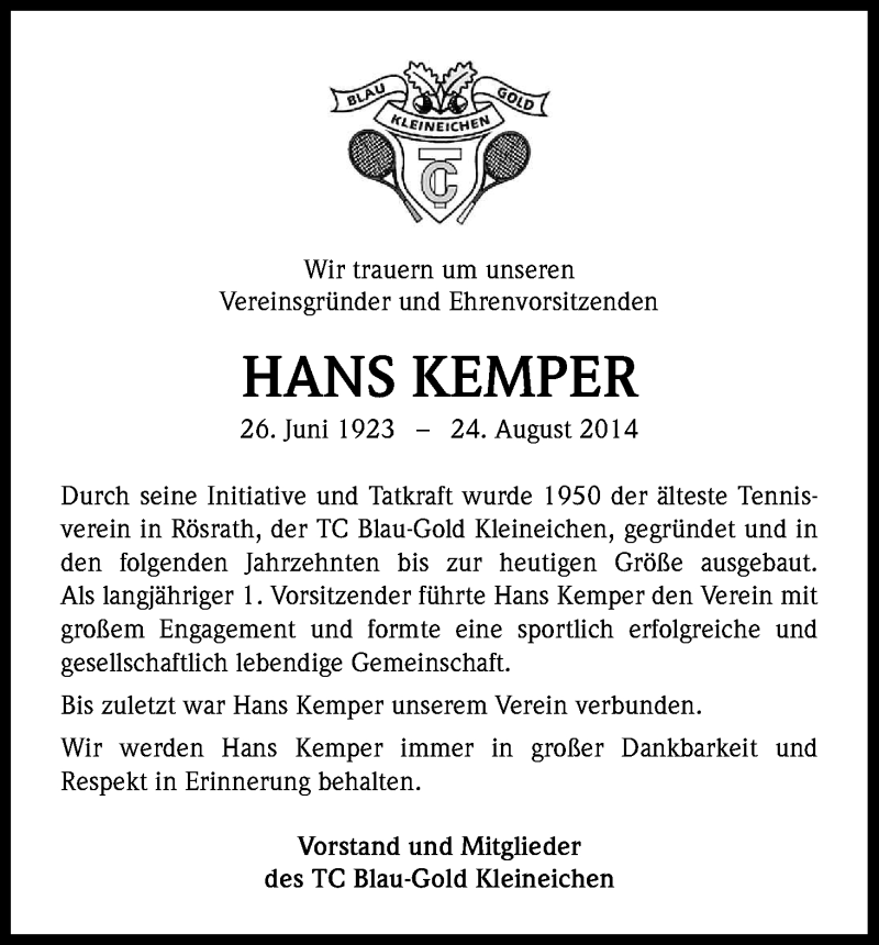  Traueranzeige für Hans Kemper vom 03.09.2014 aus Kölner Stadt-Anzeiger / Kölnische Rundschau / Express