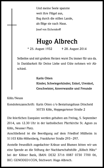 Anzeige von Hugo Albrech von Kölner Stadt-Anzeiger / Kölnische Rundschau / Express