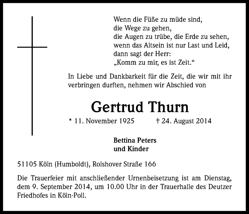  Traueranzeige für Gertrud Thurn vom 06.09.2014 aus Kölner Stadt-Anzeiger / Kölnische Rundschau / Express