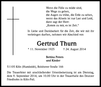 Anzeige von Gertrud Thurn von Kölner Stadt-Anzeiger / Kölnische Rundschau / Express