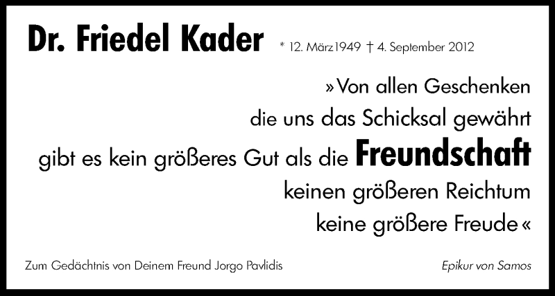  Traueranzeige für Friedel Kader vom 04.09.2014 aus Kölner Stadt-Anzeiger / Kölnische Rundschau / Express