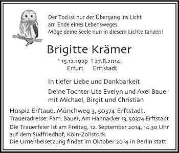 Anzeige von Brigitte Krämer von Kölner Stadt-Anzeiger / Kölnische Rundschau / Express