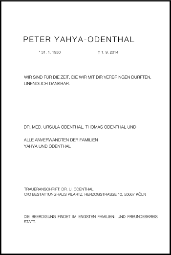 Anzeige von Peter Yahya-Odenthal von Kölner Stadt-Anzeiger / Kölnische Rundschau / Express