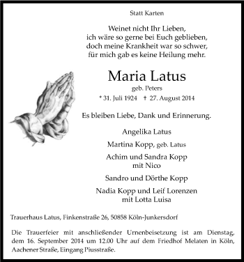 Anzeige von Maria Latus von Kölner Stadt-Anzeiger / Kölnische Rundschau / Express