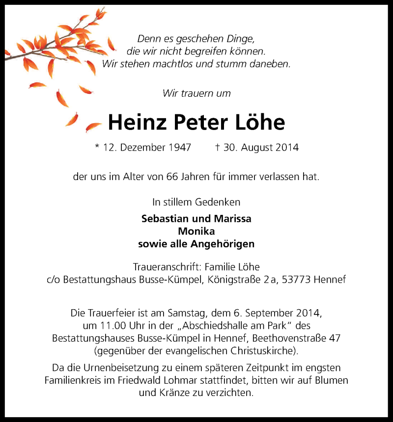  Traueranzeige für Heinz Peter Löhe vom 03.09.2014 aus Kölner Stadt-Anzeiger / Kölnische Rundschau / Express