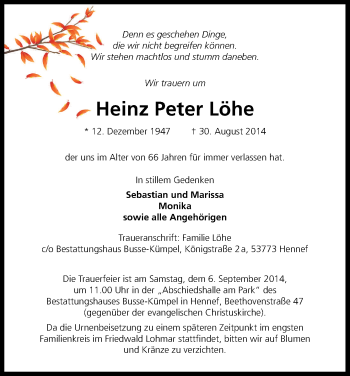 Anzeige von Heinz Peter Löhe von Kölner Stadt-Anzeiger / Kölnische Rundschau / Express
