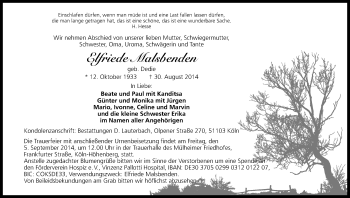 Anzeige von Elfriede Malsbenden von Kölner Stadt-Anzeiger / Kölnische Rundschau / Express