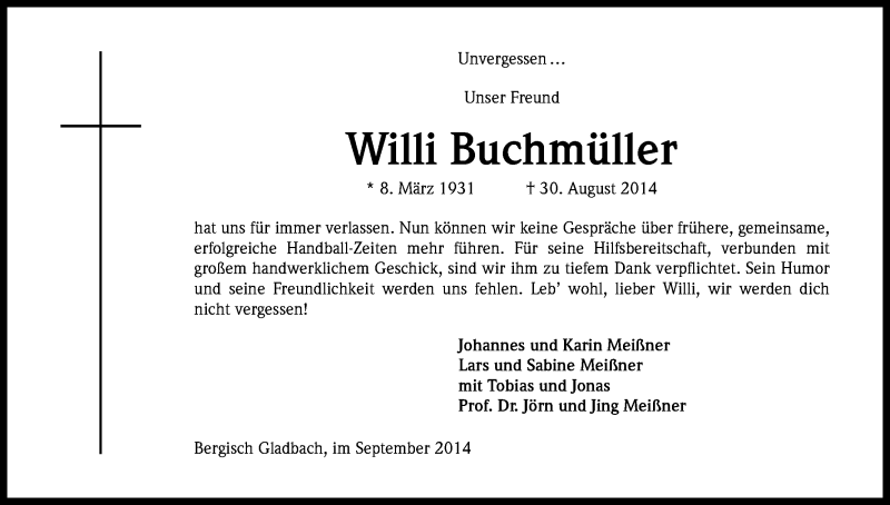  Traueranzeige für Willi Buchmüller vom 06.09.2014 aus Kölner Stadt-Anzeiger / Kölnische Rundschau / Express