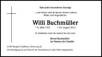 Anzeige von Willi Buchmüller von Kölner Stadt-Anzeiger / Kölnische Rundschau / Express