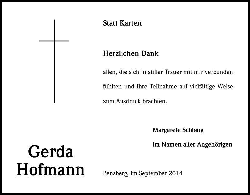  Traueranzeige für Gerda Hofmann vom 06.09.2014 aus Kölner Stadt-Anzeiger / Kölnische Rundschau / Express