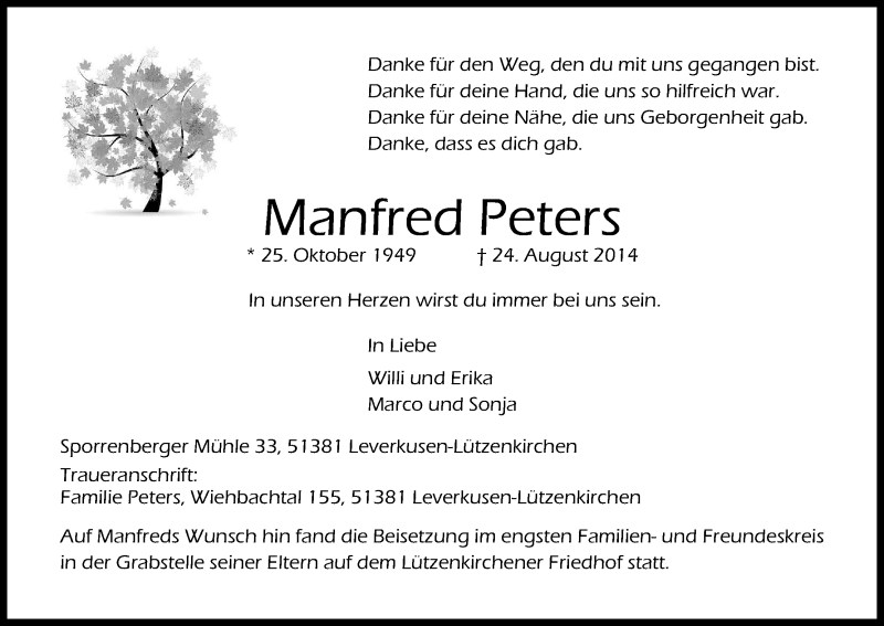  Traueranzeige für Manfred Peters vom 10.09.2014 aus Kölner Stadt-Anzeiger / Kölnische Rundschau / Express