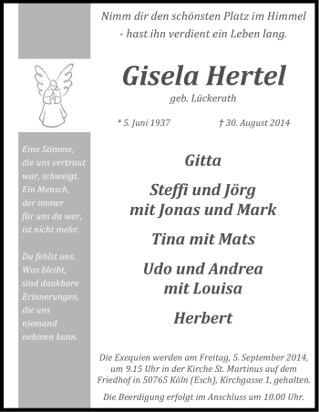 Anzeige von Gisela Hertel von Kölner Stadt-Anzeiger / Kölnische Rundschau / Express