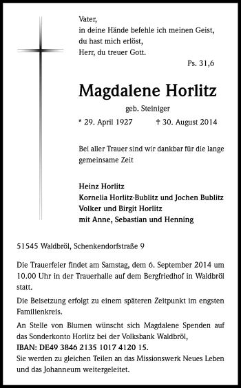 Anzeige von Magdalene Horlitz von Kölner Stadt-Anzeiger / Kölnische Rundschau / Express