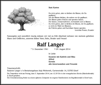 Anzeige von Ralf Langer von Kölner Stadt-Anzeiger / Kölnische Rundschau / Express