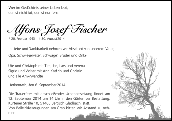 Anzeige von Alfons Josef Fischer von Kölner Stadt-Anzeiger / Kölnische Rundschau / Express