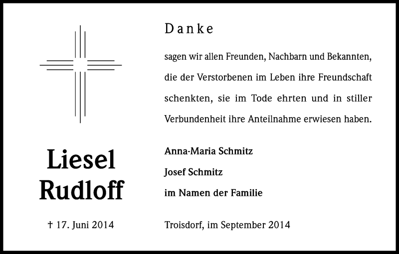 Traueranzeige für Liesel Rudloff vom 06.09.2014 aus Kölner Stadt-Anzeiger / Kölnische Rundschau / Express