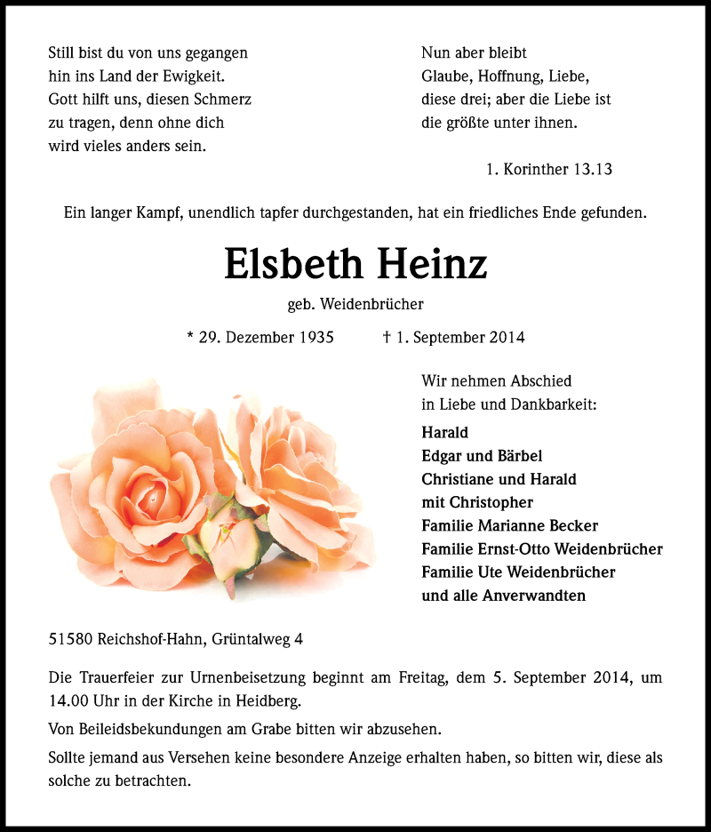 Traueranzeige für Elsbeth Heinz vom 03.09.2014 aus Kölner Stadt-Anzeiger / Kölnische Rundschau / Express