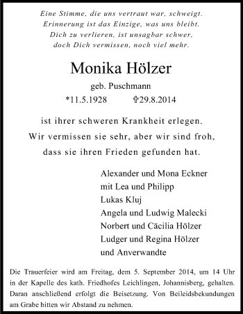 Anzeige von Monika Hölzer von Kölner Stadt-Anzeiger / Kölnische Rundschau / Express