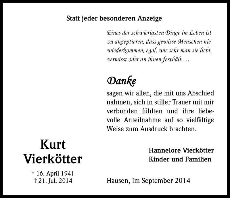  Traueranzeige für Kurt Vierkötter vom 06.09.2014 aus Kölner Stadt-Anzeiger / Kölnische Rundschau / Express