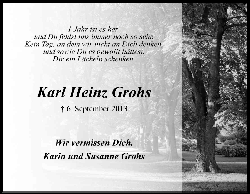 Traueranzeige für Karl Heinz Grohs vom 06.09.2014 aus Kölner Stadt-Anzeiger / Kölnische Rundschau / Express