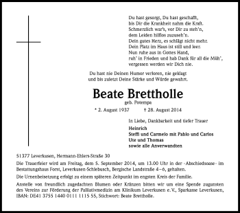 Anzeige von Beate Brettholle von Kölner Stadt-Anzeiger / Kölnische Rundschau / Express