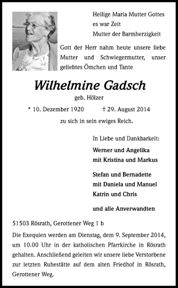Anzeige von Wilhelmine Gadsch von Kölner Stadt-Anzeiger / Kölnische Rundschau / Express