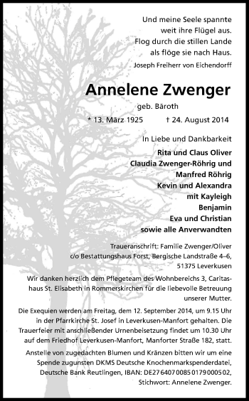 Anzeige von Annelene Zwenger von Kölner Stadt-Anzeiger / Kölnische Rundschau / Express