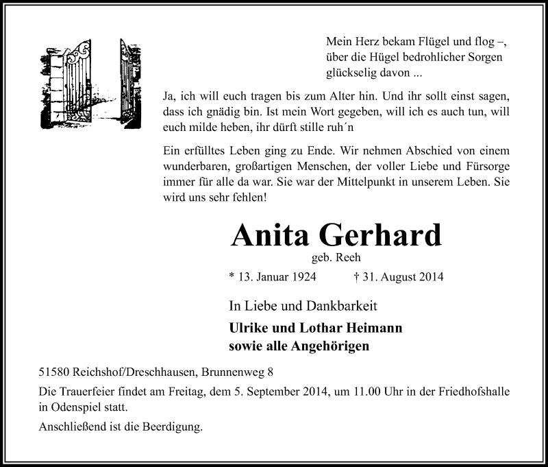  Traueranzeige für Anita Gerhard vom 03.09.2014 aus Kölner Stadt-Anzeiger / Kölnische Rundschau / Express